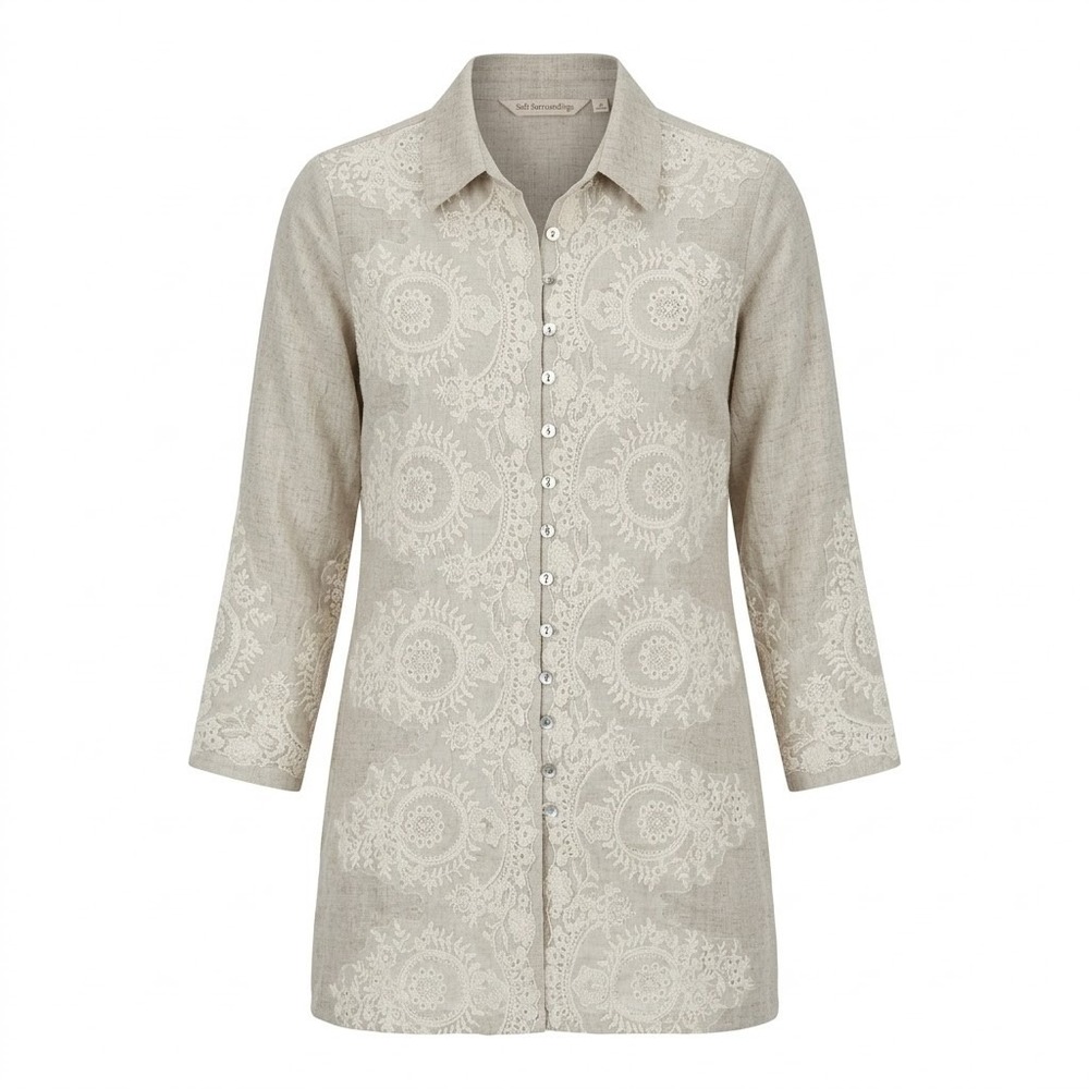 Soft Surroundings Linen Blend Embroidered Tunic Shirt XS Beige 3/4 Sleeve